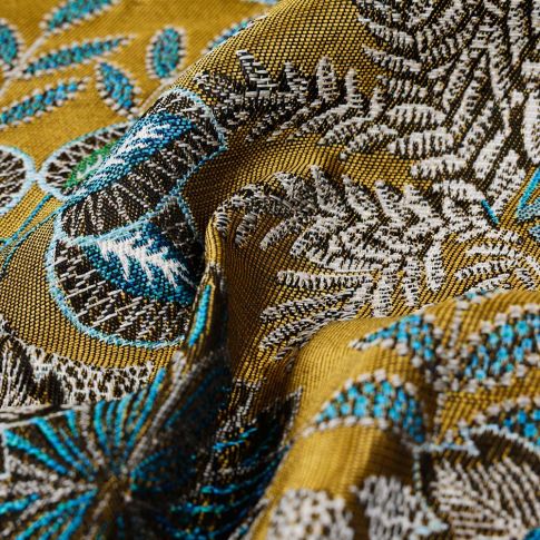Tissu Jacquard d'ameublement Feuillage bleu sur fond Bronze