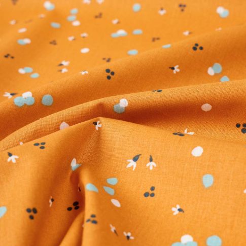 Tissu Coton imprimé points kikou sur fond Moutarde