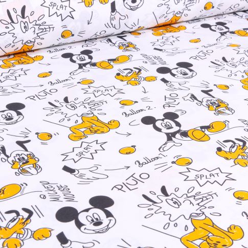 Tissu Coton imprimé sous licence Mickey Mouse yellow sur fond Blanc