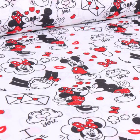 Tissu Coton imprimé sous licence Mickey & Minnie Love sur fond Blanc