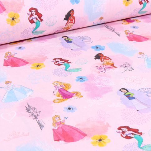 Tissu Coton imprimé sous licence Princess Disney sur fond Rose