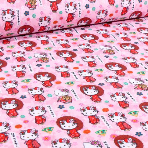 Tissu Coton imprimé sous licence Hello Kitty Kimono sur fond Rose
