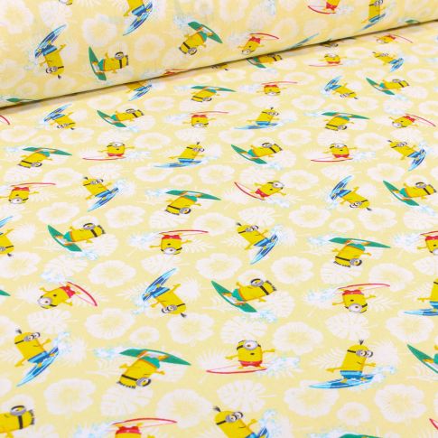 Tissu Coton imprimé sous licence Minions Aloha sur fond Jaune pastel