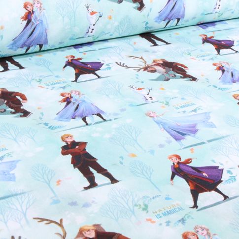 Tissu Coton imprimé sous licence Reine des neiges sur fond Bleu