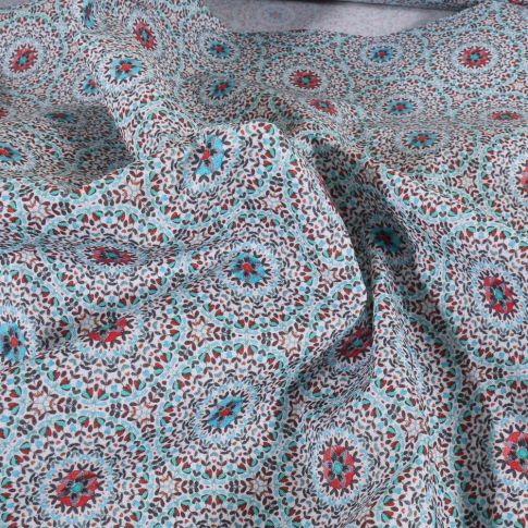 Tissu Coton imprimé Rosaces turquoises sur fond Blanc