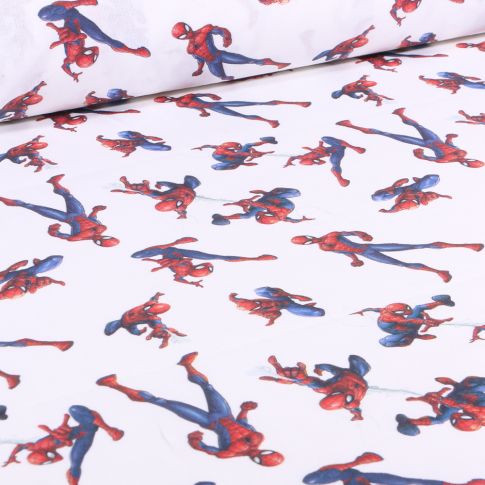 Tissu Coton imprimé sous licence Spiderman à l'attaque sur fond Blanc
