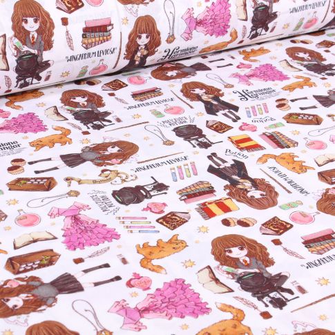 Tissu Coton imprimé sous licence Harry Potter Hermione potion sur fond Blanc