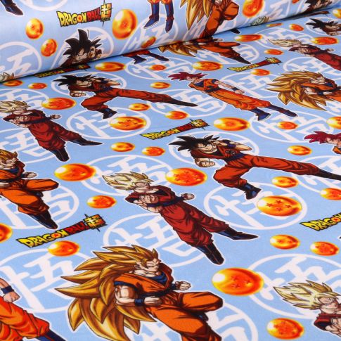 Tissus Velours d'ameublement sous licence Dragonball Z Boule de feu sur fond Bleu ciel