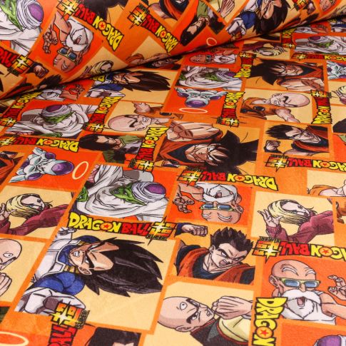 Tissus Velours d'ameublement sous licence Dragonball Z personnages sur fond Orange