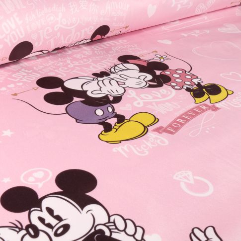 Tissus Velours d'ameublement sous licence Minnie et Mickey love sur fond Rose