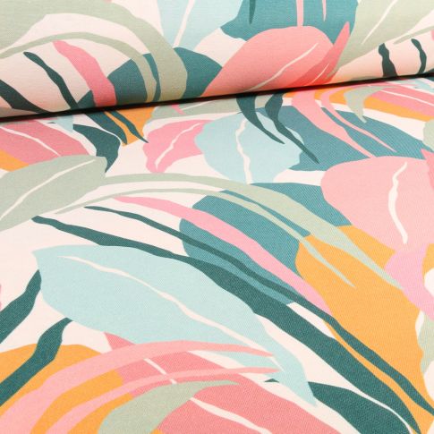 Tissu Toile Polycoton Grande largeur Pastel palm sur fond Blanc cassé