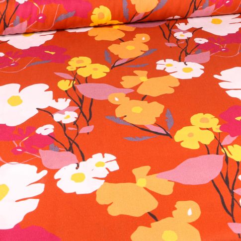 Tissu Coton imprimé Frou-Frou Ginkgo sur fond Orange