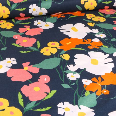 Tissu Coton imprimé Frou-Frou Ginkgo sur fond Bleu marine