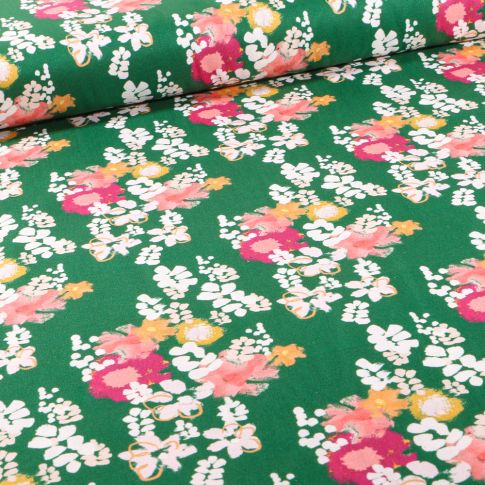 Tissu Coton imprimé Frou-Frou Ginkgo intense sur fond Vert