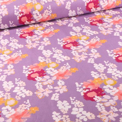 Tissu Coton imprimé Frou-Frou Ginkgo intense sur fond Mauve