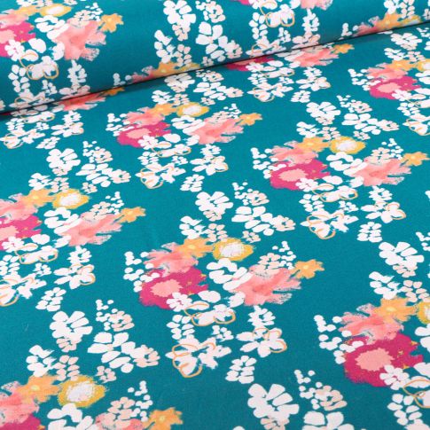 Tissu Coton imprimé Frou-Frou Ginkgo intense sur fond Bleu pétrole