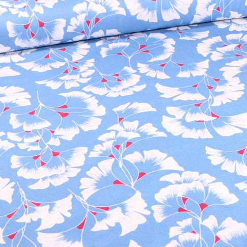 Tissu Coton imprimé Frou-Frou Fleurs Ginkgo sur fond Bleu ciel
