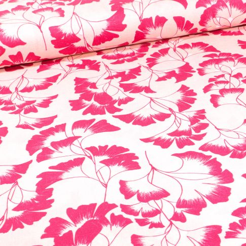 Tissu Coton imprimé Frou-Frou Fleurs Ginkgo fuchsia sur fond Ecru