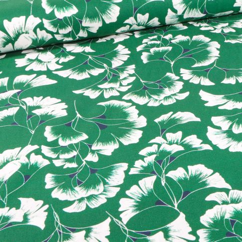 Tissu Coton imprimé Frou-Frou Fleurs Ginkgo blanches sur fond Vert foncé
