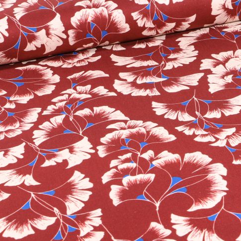 Tissu Coton imprimé Frou-Frou Fleurs Ginkgo sur fond Bordeaux