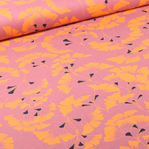 Tissu Coton imprimé Frou-Frou Fleurs Ginkgo sur fond Rose nude