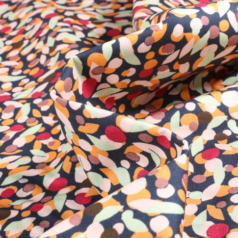 Tissu Coton imprimé Frou-Frou Dots pop sur fond Bleu marine