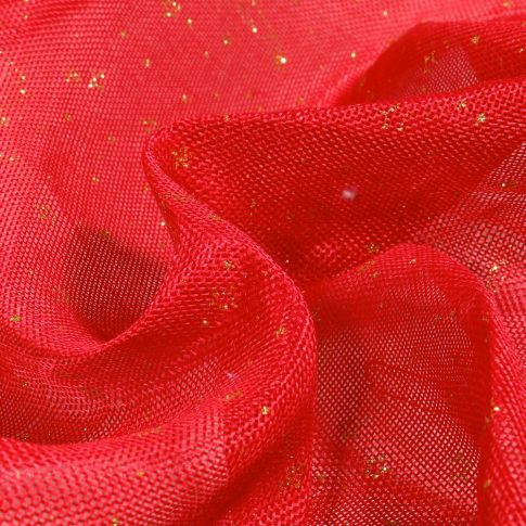 Tissu Toile de Jute Paillettes dorés sur fond Rouge