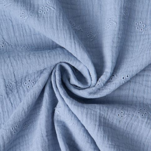 Tissu Double gaze de Coton Brodé Loline sur fond Bleu indigo