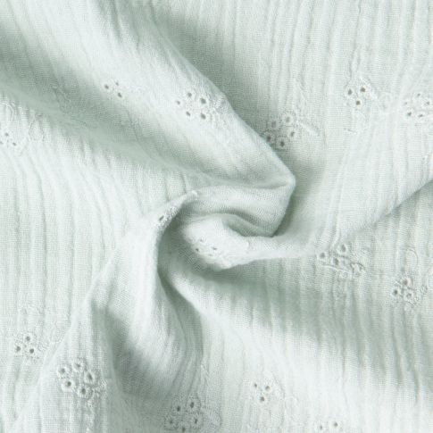 Tissu Double gaze de Coton Brodé Loline sur fond Vert menthe clair