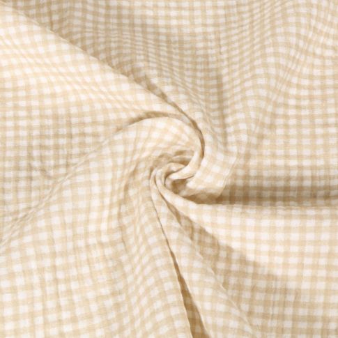 Tissu Double gaze de Coton Vichy beige sur fond Blanc