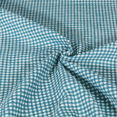Tissu Double gaze de Coton Vichy bleu canard sur fond Blanc