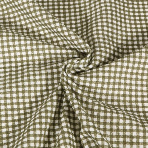 Tissu Double gaze de Coton Vichy vert kaki sur fond Blanc