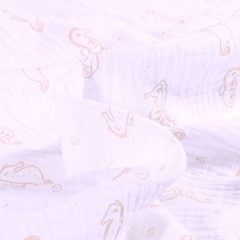 Tissu Double gaze Hippocampe sur fond Blanc