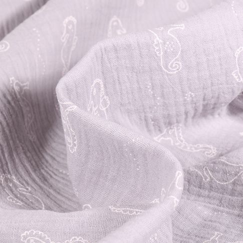 Tissu Double gaze Hippocampe sur fond Gris clair
