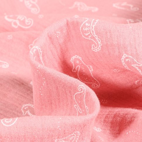 Tissu Double gaze Hippocampe sur fond Rose