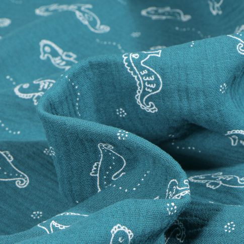 Tissu Double gaze Hippocampe sur fond Bleu pétrole