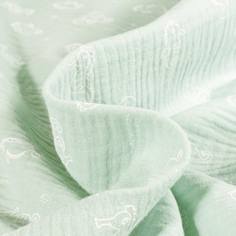 Tissu Double gaze Hippocampe sur fond Vert menthe clair