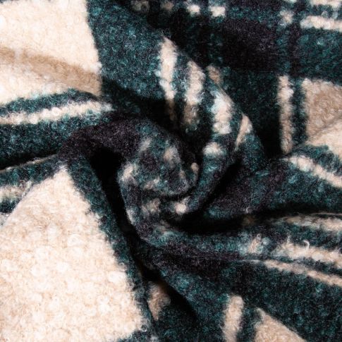 Tissu Bouclette Polyester Carreaux sur fond Vert