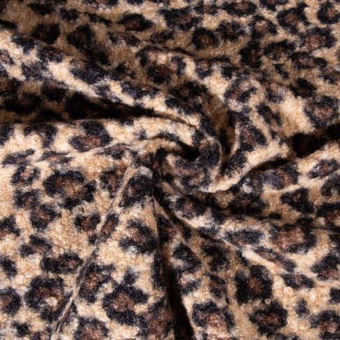 Tissu Bouclette Polyester Léopard sur fond Beige