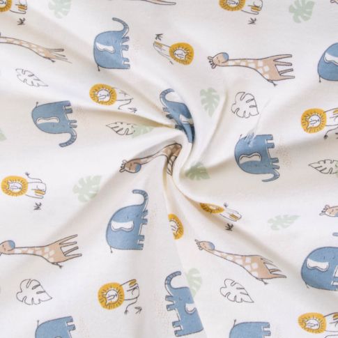 Tissu Flanelle de Coton imprimé Eléphants, lions et girafes sur fond Blanc