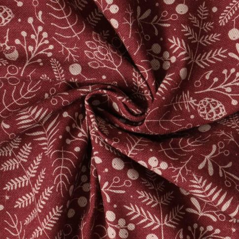 Tissu Toile de Coton  Céleste végétaux d'hiver sur fond Bordeaux