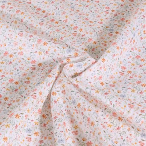 Tissu Piqué de Coton imprimé Fleuris printemps sur fond Blanc