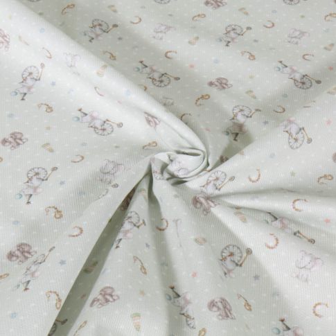 Tissu Piqué de Coton imprimé Eléphants au cirque sur fond Vert menthe clair
