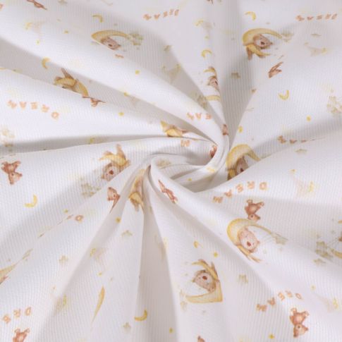 Tissu Piqué de Coton imprimé Petits oursons lune sur fond Blanc