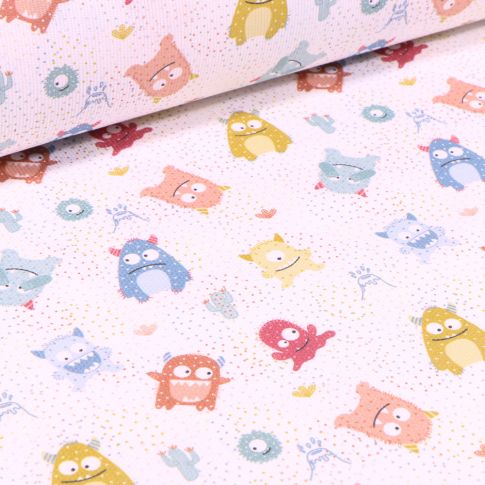 Tissu Piqué de coton Monstres colorés sur fond Blanc