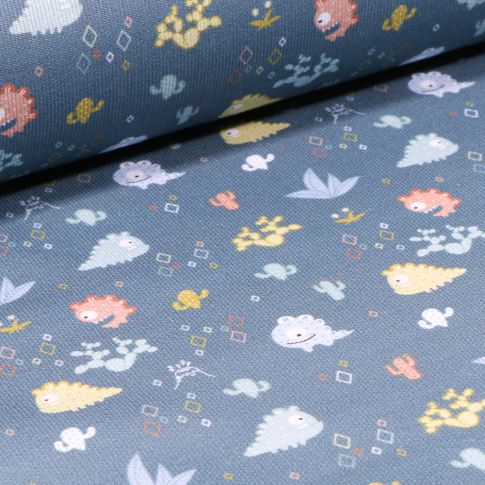 Tissu Piqué de coton Monstres et cactus sur fond Bleu denim