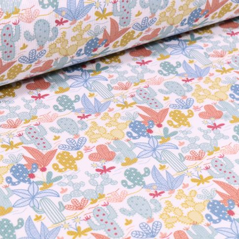 Tissu Piqué de coton Cactus multicolores sur fond Blanc