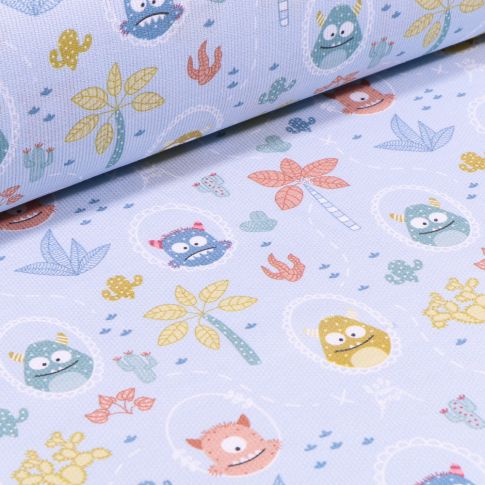 Tissu Piqué de coton Monstres et végétations sur fond Bleu ciel