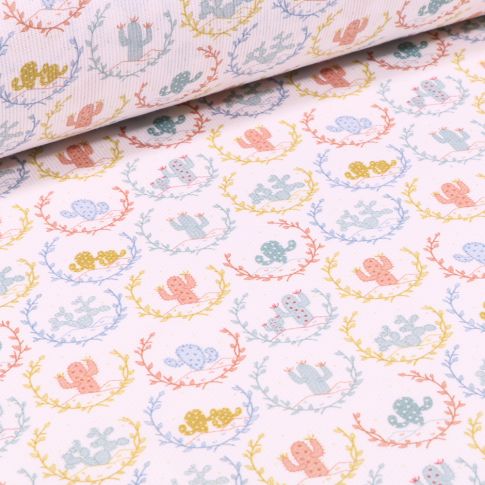 Tissu Piqué de coton Couronnes de fleurs et cactus sur fond Blanc