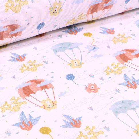 Tissu Piqué de coton Monstres et montgolfières sur fond Blanc